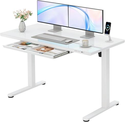 Furmax Glass Standing Desk with Drawers, 55 x 28 Inch Electric Adjustable Home Office Sit Stand Desk with One-Piece Desktop & USB Charging Port for Computer Desks, White (White Glass, 48 Inch) in Saudi Arabia