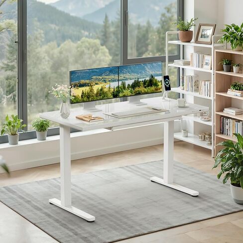 Furmax Glass Standing Desk with Drawers, 55 x 28 Inch Electric Adjustable Home Office Sit Stand Desk with One-Piece Desktop & USB Charging Port for Computer Desks, White (White Glass, 48 Inch) in Saudi Arabia