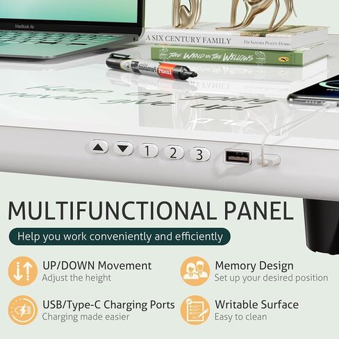 Furmax Glass Standing Desk with Drawers, 55 x 28 Inch Electric Adjustable Home Office Sit Stand Desk with One-Piece Desktop & USB Charging Port for Computer Desks, White (White Glass, 48 Inch) in Saudi Arabia