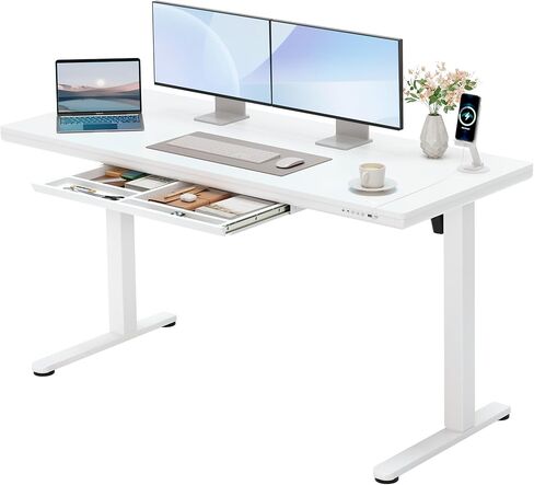 Furmax Glass Standing Desk with Drawers, 55 x 28 Inch Electric Adjustable Home Office Sit Stand Desk with One-Piece Desktop & USB Charging Port for Computer Desks, White (White Glass, 48 Inch) in Saudi Arabia