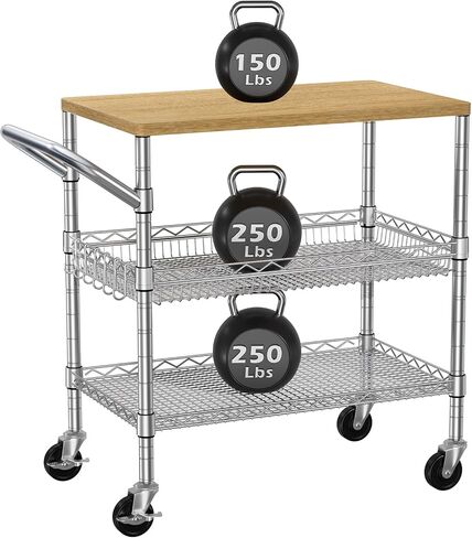 Heavy Duty Utility Cart, 990Lbs Capacity 3 Tier Rolling Carts with Wheels, Kitchen Cart on Wheels with Storage, Commercial Grade Metal Serving Carts with Wire Shelving &Handle Bar, Black in Saudi Arabia