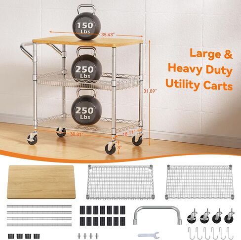 Heavy Duty Utility Cart, 990Lbs Capacity 3 Tier Rolling Carts with Wheels, Kitchen Cart on Wheels with Storage, Commercial Grade Metal Serving Carts with Wire Shelving &Handle Bar, Black in Saudi Arabia