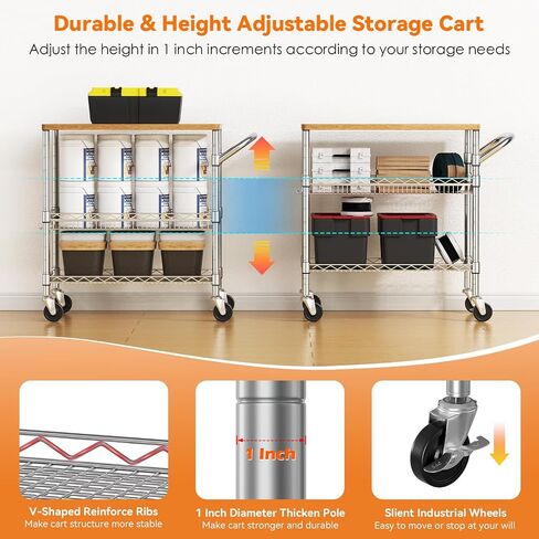 Heavy Duty Utility Cart, 990Lbs Capacity 3 Tier Rolling Carts with Wheels, Kitchen Cart on Wheels with Storage, Commercial Grade Metal Serving Carts with Wire Shelving &Handle Bar, Black in Saudi Arabia