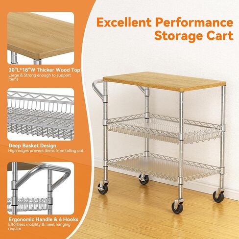 Heavy Duty Utility Cart, 990Lbs Capacity 3 Tier Rolling Carts with Wheels, Kitchen Cart on Wheels with Storage, Commercial Grade Metal Serving Carts with Wire Shelving &Handle Bar, Black in Saudi Arabia
