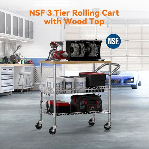 Heavy Duty Utility Cart, 990Lbs Capacity 3 Tier Rolling Carts with Wheels, Kitchen Cart on Wheels with Storage, Commercial Grade Metal Serving Carts with Wire Shelving &Handle Bar, Black in Saudi Arabia