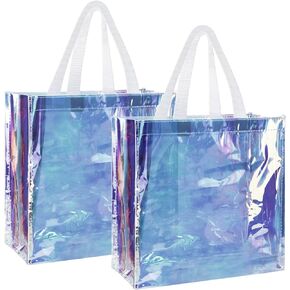 2 حزمة 12 × 12 × 6 بوصة الهولوغرام واضحة حمل الحقائب البلاستيكية البلاستيكية حمل حقيبة مع مقابض شفافة قزحي الألوان الأيدي أكياس السائبة المعتمدة ملعب واضح حمل الحقائب للعمل الشاطئ الغداء الرياضة والحفلات الموسيقية in Kuwait