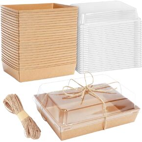 25 Pack 7x5 inches Brown Paper Charcuterie Boxes with Clear Lids and Hemp Rope for Cupcakes, Salads, Strawberries, Cookies and Treats