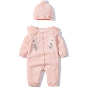 Baby Newborn Boy Knitted Sweater Romper Cotton Longsleeve Outfit with Kids Winter Warm Hats Set