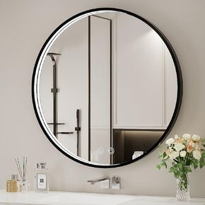 24 Inch LED Round Mirror, Bathroom Vanity Mirror Black Metal Frame LED Lighted Mirror, Wall Mounted Circle with Lights, Anti-Fog & Dimmable Touch Switch, Waterproof IP54,90+ CRI