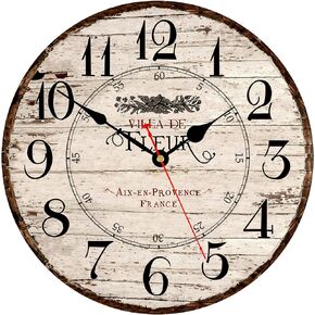 14 Inch French Country Wall Clock, Wooden, Battery Operated, Non-Ticking, Easy to Read, Decorative