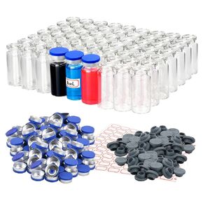 10ml Clear Glass Vials, 100 Pack Glass Vials with Screw Caps, Plastic Stoppers and Label Papers, Leak-Proof Small Glass Lab Vials, Liquid Sample Vials for Essential Oil, Reagent, Seeds
