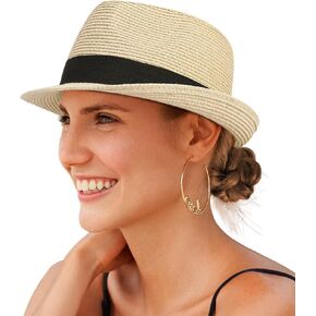 Straw Fedora Sun Hat for Women Men Short Brim Panama Trilby Beach Hat Packable Summer Hat UPF 50+