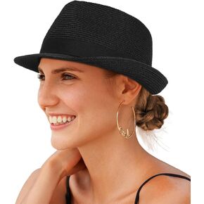 Straw Fedora Sun Hat for Women Men Short Brim Panama Trilby Beach Hat Packable Summer Hat UPF 50+
