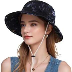 Women's Summer UV Protection Sun Hat Wide Brim Tie Dye Bucket Hat for Outdoor Beach Fishing Gardening