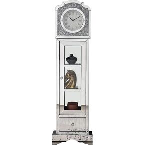 Benjara 63 Inch Doe Mirrored Grandfather Clock, 3 Shelves, Ornate Design, Silver