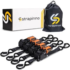 حزمة من 4 أشرطة سقاطة قابلة للسحب تلقائيًا من Strapinno (1 بوصة × 6 أقدام)، قوة كسر 1500 رطل لكل منها، أشرطة ربط شديدة التحمل لتأمين البضائع، خطافات أمان مقاومة للطقس على شكل حرف S، حزام أزرق
