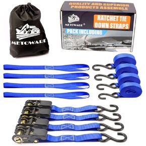 Ratchet Straps Tie Down - 1764lb Break Strength - 4PK 1’’ x 15’ Rachet Tie Downs with Padded Handle, Coated S Hook, Soft Loop, Storage Bag for Moving Cargo, Lawn Equipment, Motorcycle (Black)