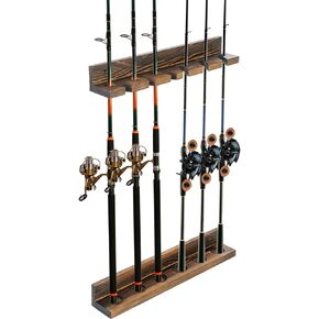 MyGift Wall Mounted Fishing Rod Rack, Torched Wood Vertical Fishing Pole Holder Adjustable Storage Rack Holds 6 Rods