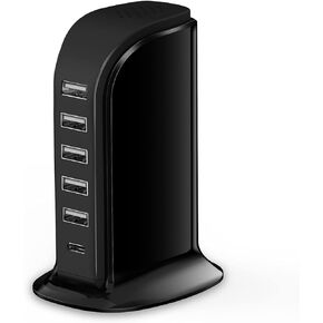 Charger Block 6 in 1 Upoy, 40W USB C Charger 3A, Charging Hub with 5 USB Ports(Shared 6A) for Multiple Electronics, USB Charging Station Multiports, Universal Desktop Phone Charger Travel Ready, Black