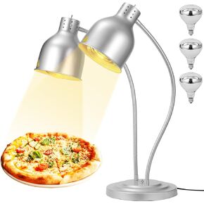 Food Heat Lamp,500W Commercial Grade Adjustable 2-Head Warmer Warming Light with 3- Bulbs,Stainless Free-Standing Catering Heating Lamp for Kitchen Cafeteria Restaurant Buffet