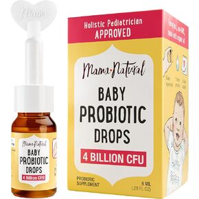 Mama Natural Baby Probiotic Drops (0.28 Fl Oz) | 4 Billion CFU Pediatrician-Tested Infant Probiotic Helps with Colic Relief for Newborns & Constipation Ease for Infants - Unflavored Baby Gas Drops