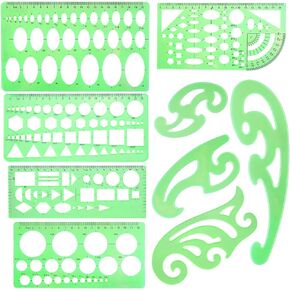 SIQUK 9 Pieces Drawings Templates French Curve Geometric Templates Measuring Rulers Clear Green Plastic Rulers for Engineering, Studying and Designing