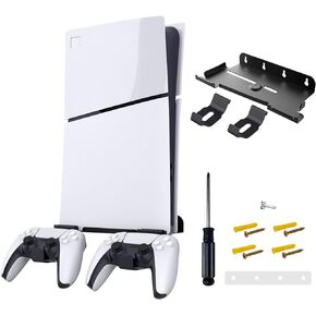 Wall Mount for PS5 Slim(Disc & Digital Edition), Steel Vertical Holder Kits for PS5 Slim Console and Controllers, Sturdy Floating New PS5 Wall Mount Stand with Screw Fixing