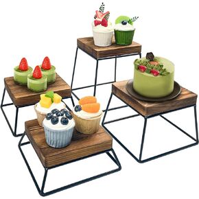 Set of 4 Wood Buffet Risers, Square Retail Food Display Risers for Party, Burnt Wood & Black Metal Wire Pizza Stands for Serving
