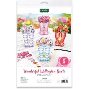 Katy Sue Wonderful Wellington Boots (Rubber Boots) Card Making Kit. Contains 8 Shaped Cards, 2 Sheets of Die Cut Decoupage, 8 Envelopes & Instructions. for Card Making Supplies & Card Crafting