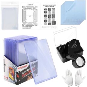 139PCS Card Grading Centering Tool Set,Card Grading Kit,Includes One 40x Magnifying Tool with Led Light,One Card Centering Tool,100P Card Sleeves,25P PVC Hard Card Toploaders,10 Cloth,Gloves