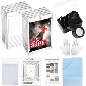 COITEK 124PCS Card Grading Centering Tool Set,Card Grading Kit,Includes 35pt 10P Magnetic Card Holders,40x Magnifying Tool with Led Light,Card Centering Tool,100P Trading Card Sleeves,10 Cloth,Gloves