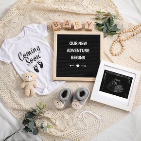 9 Pcs Pregnancy Announcement Set Pregnancy Reveal Ideas Include Felt Letter Board Kit Baby Bodysuit Baby Booties Photo Frame Bear Plush Baby Wood Blocks for Coming Soon Baby Announcement