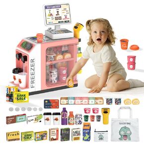 Cash Register Playset for Kids - 48PCS Pretend Play Money, Calculator, Scanner, Credit Card and Play Food for Boys and Girls Ages 3+ (668-124)