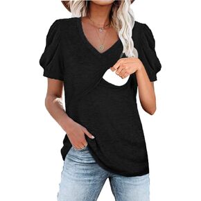 Womens Summer Breastfeeding V Neck T Shirts Puff Sleeve Nursing Tops