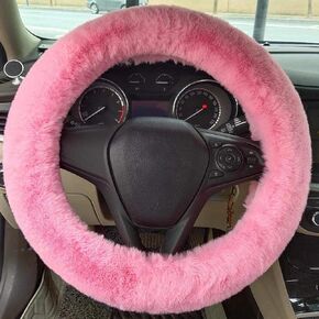 Fluffy Steering Wheel Cover for Women/Girls/Ladies Fuzzy Steering Wheel Cover Winter Warm Faux Wool Plush Car Wheel Cover Furry Steering Wheel Protector Universal Fit 15 Inch (Pink)
