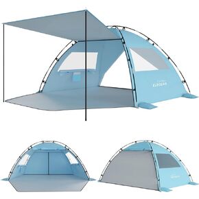 Elegear Beach Tent Sun Shelter with Canopy, 4-5 Person Pop Up Beach Tent, Easy Setup UPF 50+ UV Protection Portable Lightweight Double Silver Coating Beach Cabana Sun Shade Shelter - Sky Blue