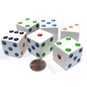 Set of 6 D6 25mm Large Opaque Jumbo Dice - White with Multicolor Pip by Koplow Games
