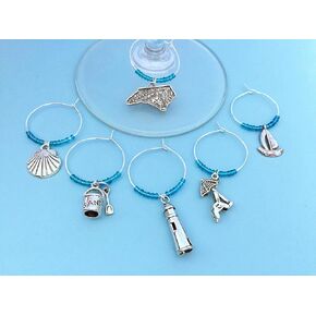 North Carolina Beach Themed Wine Charms, Gift for NC Beach Lover, beach themed, beach Vacation, Outer Banks Getaway, Set of 6. AQUA BEADS.
