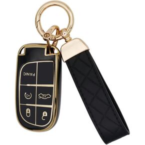 SUNCARACCL for Jeep Key Fob Cover with Leather Keychain, Soft TPU Full Cover Protection Key Case for Grand Cherokee Renegade Dodge Durango Challenger Journey Smart Key