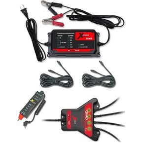 PulseTech 4-Station QuadLink 12V Battery Maintenance Kit | Includes XC400 Charger Mantainer, QuadLink, 12V Voltmeter and Two 25' Charger Lead Extensions