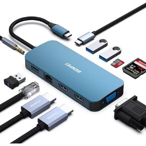 BENFEI 11-in-1 USB C MST Laptop Docking Station with Silicone Woven Design Cable, USB-C HUB with USB-C to 2*HDMI/1*VGA, to 3*USB 3.0/SD/TF Card Reader/Ethernet/100W Power Delivery/3.5mm Aux Audio in Saudi Arabia