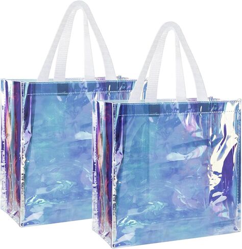 2 حزمة 12 × 12 × 6 بوصة الهولوغرام واضحة حمل الحقائب البلاستيكية البلاستيكية حمل حقيبة مع مقابض شفافة قزحي الألوان الأيدي أكياس السائبة المعتمدة ملعب واضح حمل الحقائب للعمل الشاطئ الغداء الرياضة والحفلات الموسيقية in Kuwait