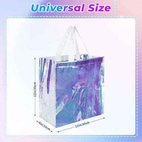 2 حزمة 12 × 12 × 6 بوصة الهولوغرام واضحة حمل الحقائب البلاستيكية البلاستيكية حمل حقيبة مع مقابض شفافة قزحي الألوان الأيدي أكياس السائبة المعتمدة ملعب واضح حمل الحقائب للعمل الشاطئ الغداء الرياضة والحفلات الموسيقية in Kuwait