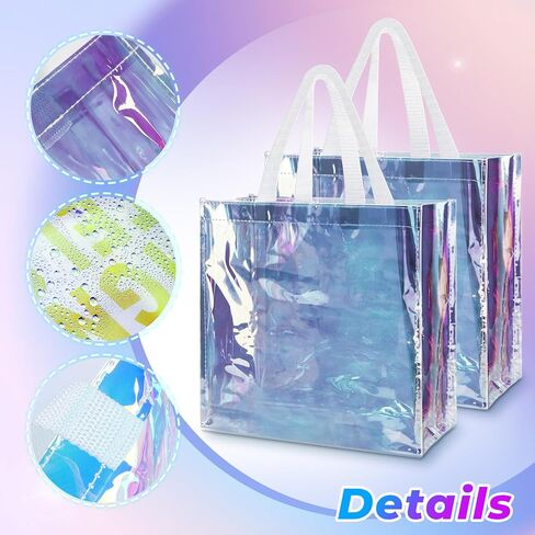 2 حزمة 12 × 12 × 6 بوصة الهولوغرام واضحة حمل الحقائب البلاستيكية البلاستيكية حمل حقيبة مع مقابض شفافة قزحي الألوان الأيدي أكياس السائبة المعتمدة ملعب واضح حمل الحقائب للعمل الشاطئ الغداء الرياضة والحفلات الموسيقية in Kuwait