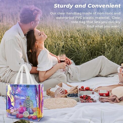 2 حزمة 12 × 12 × 6 بوصة الهولوغرام واضحة حمل الحقائب البلاستيكية البلاستيكية حمل حقيبة مع مقابض شفافة قزحي الألوان الأيدي أكياس السائبة المعتمدة ملعب واضح حمل الحقائب للعمل الشاطئ الغداء الرياضة والحفلات الموسيقية in Kuwait