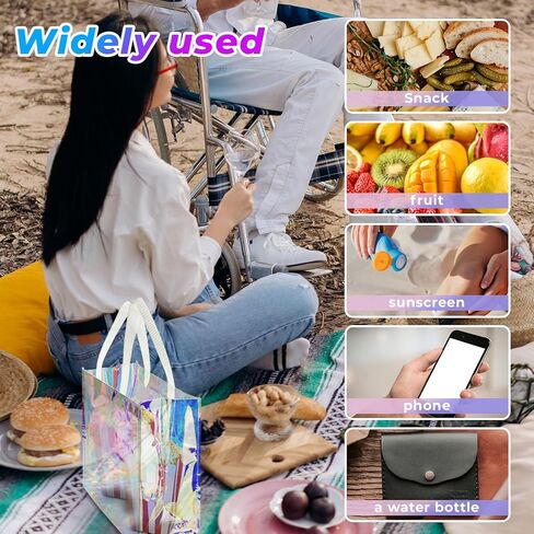 2 حزمة 12 × 12 × 6 بوصة الهولوغرام واضحة حمل الحقائب البلاستيكية البلاستيكية حمل حقيبة مع مقابض شفافة قزحي الألوان الأيدي أكياس السائبة المعتمدة ملعب واضح حمل الحقائب للعمل الشاطئ الغداء الرياضة والحفلات الموسيقية in Kuwait