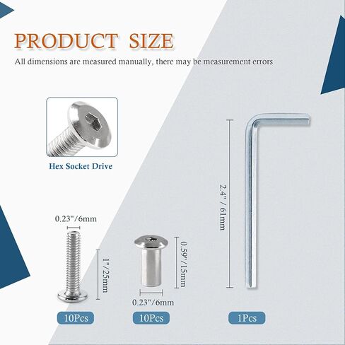 10 أزواج (20 قطعة) M6x25mm مسمار غطاء مقبس سداسي مع مفتاح ألين، مسامير توصيل الأثاث الفضية M6 برغي غاطس وصواميل ربط لخزانة حزام استبدال سرير الأطفال in Kuwait