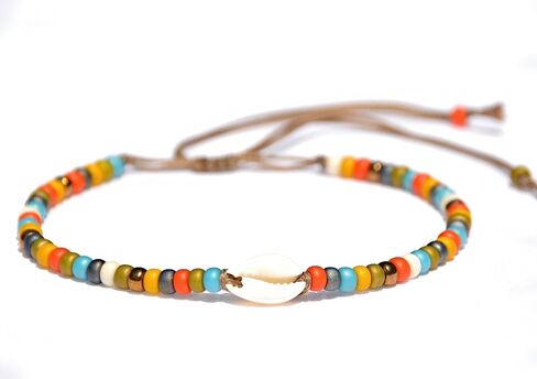 خلخال على شكل صدفة للنساء، سوار كاحل بوهيمي بوهيمي مقاوم للماء مطرز قابل للتعديل، خلخال من الخرز الملون على شكل صدف كاوري طبيعي، مجوهرات للقدم على طراز هاواي لصيف الشاطئ، مصنوعة يدويًا من قبل القبائل in Kuwait