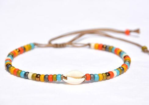 خلخال على شكل صدفة للنساء، سوار كاحل بوهيمي بوهيمي مقاوم للماء مطرز قابل للتعديل، خلخال من الخرز الملون على شكل صدف كاوري طبيعي، مجوهرات للقدم على طراز هاواي لصيف الشاطئ، مصنوعة يدويًا من قبل القبائل in Kuwait