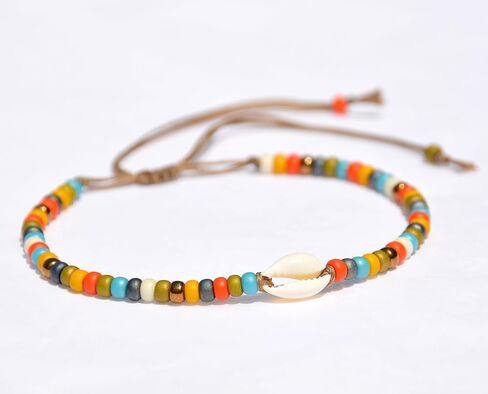 خلخال على شكل صدفة للنساء، سوار كاحل بوهيمي بوهيمي مقاوم للماء مطرز قابل للتعديل، خلخال من الخرز الملون على شكل صدف كاوري طبيعي، مجوهرات للقدم على طراز هاواي لصيف الشاطئ، مصنوعة يدويًا من قبل القبائل in Kuwait